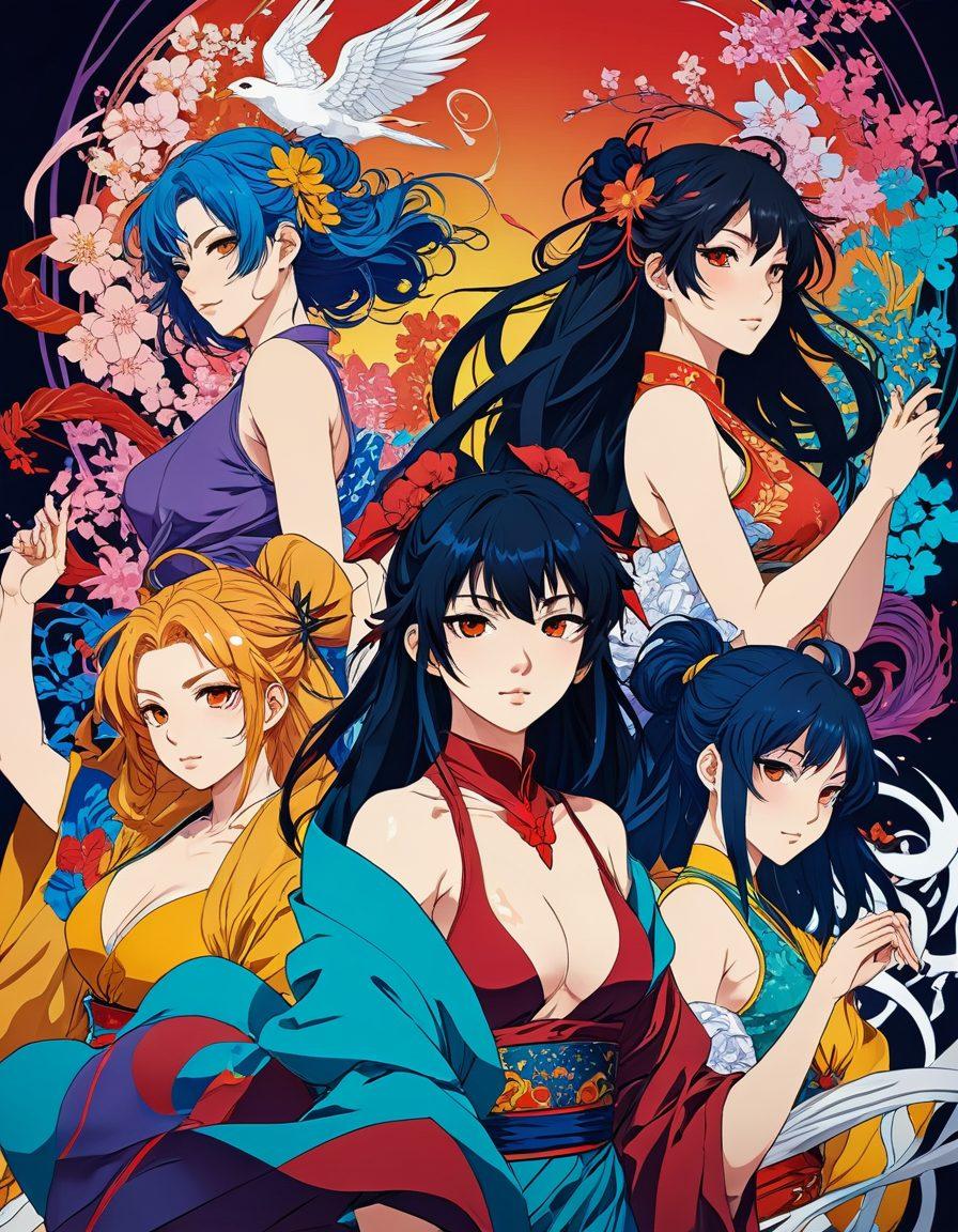 A vibrant, artistic depiction of a diverse group of characters inspired by hentai art, showcasing intricate details and bold colors. They are set against a whimsical background that blends traditional Japanese elements with modern graphic novel aesthetics. Include scenes of fantasy and creativity, emphasizing sexuality in an artistic manner. Incorporate flowing lines and dynamic poses to convey movement and allure. super-realistic. vibrant colors. intricate details.